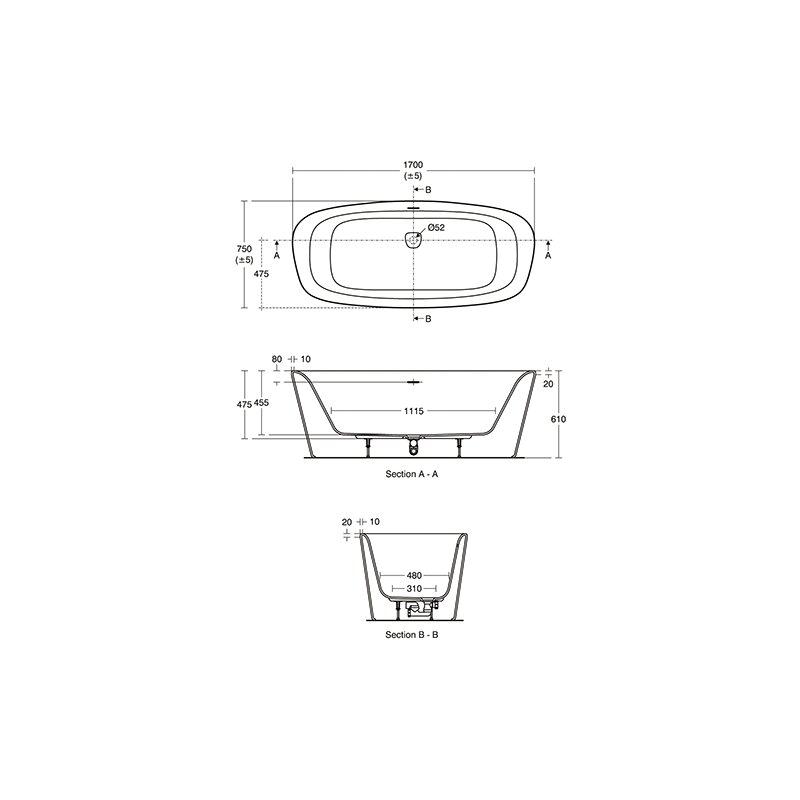 Oval-Badewanne DEA, freistehend, 1700x750x475/610mm, Weiß