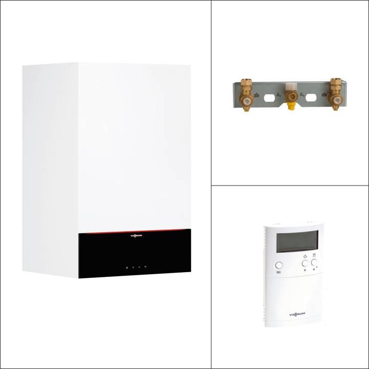 Viessmann Gas-Brennwert-Kombigerät Paket Vitodens 200-W B2KF 19 kW inkl. WW – 3,5" Display – Vitotrol 100 UTDB – Armaturen-Bausatz UP