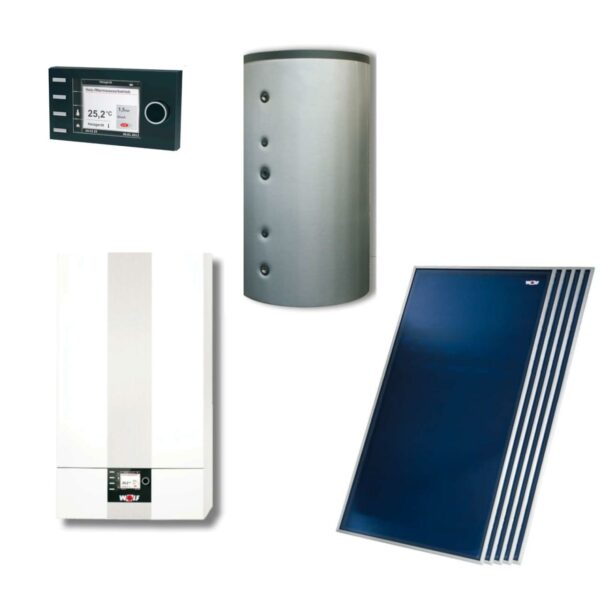 Wolf Hybrid Paket Gas-Therme CGB-2-24 mit 4 Flachkollektoren F3-1 TopSon Aufdach inkl. Solarmodul SM1-2 und BSH-500 L Pufferspeicher