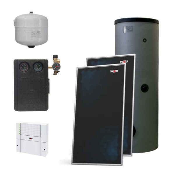 Wolf Paket 2 Flachkollektoren TopSon F3-1 Aufdach mit Solarmodul SM2-2 und Warmwasserspeicher SEM-2 300