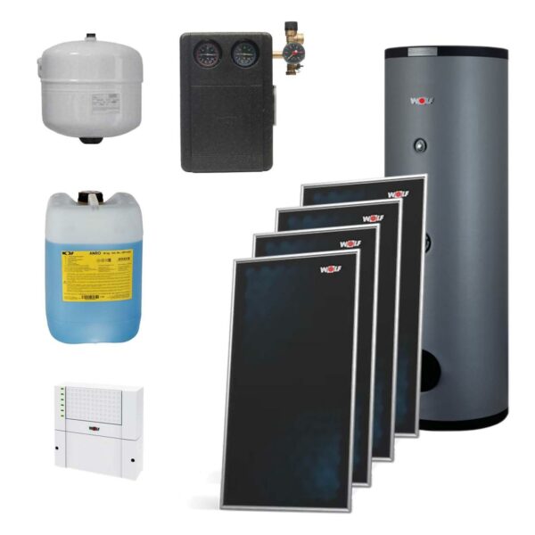 Wolf Paket 4 Flachkollektoren TopSon F3-1 Aufdach mit Solarmodul SM1-2 und Warmwasserspeicher SEM-1 500